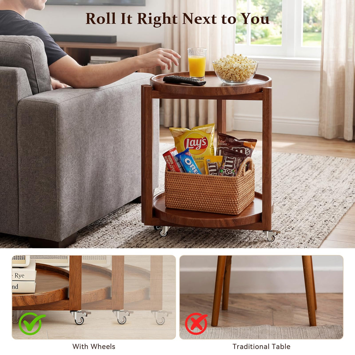 Taitiy Rolling Side Table with Wheels, Small Solid Wood Round End Table