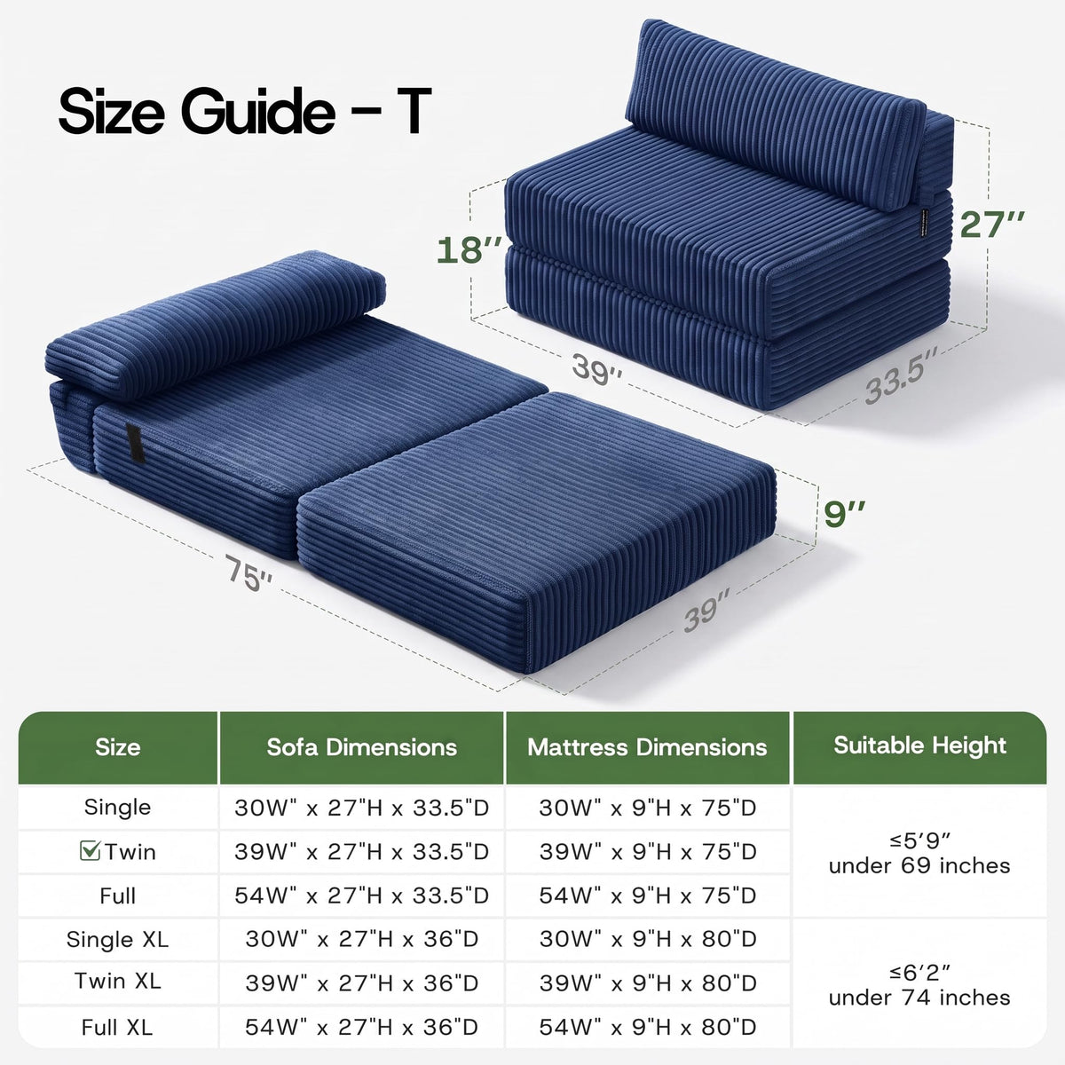 Folding Sofa Bed Convertible 4 in 1 Sleeper Chair Black Single