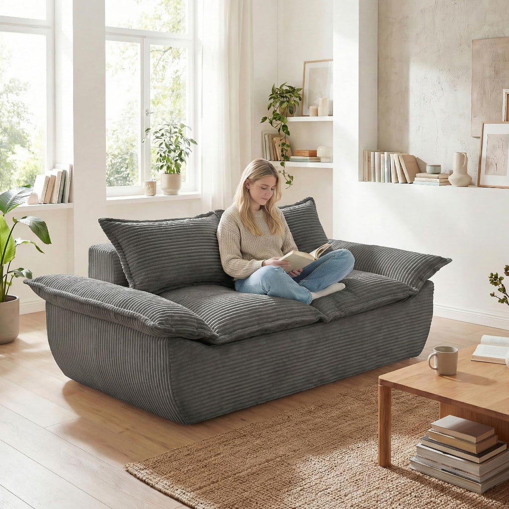 56" Boneless Loveseat, 2-Seater Black Boneless Sofa with Removable Cushions & 2 Pillows, Small Mini Couch Boneless Foam Sofa for Living Room, Apartments, & Office