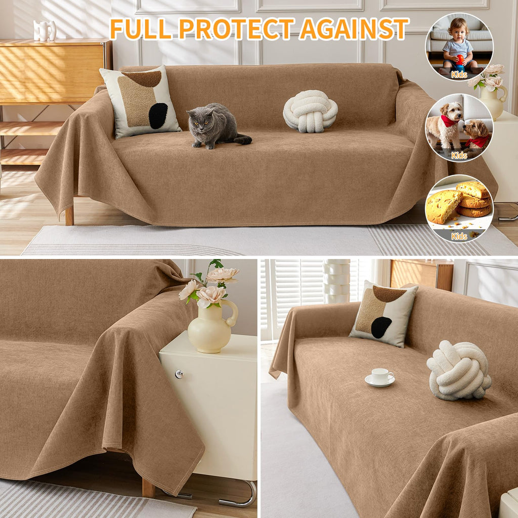 Deep Dream Cat-Scratch Resistant Couch Cover, Waterproof Sofa Cover for 3 Cushion Couch Washable, Pet Friendly Couch Protectors Anti Slip Thickened Sofa Slipcovers for Dogs Pets, 91" x 150", Brown