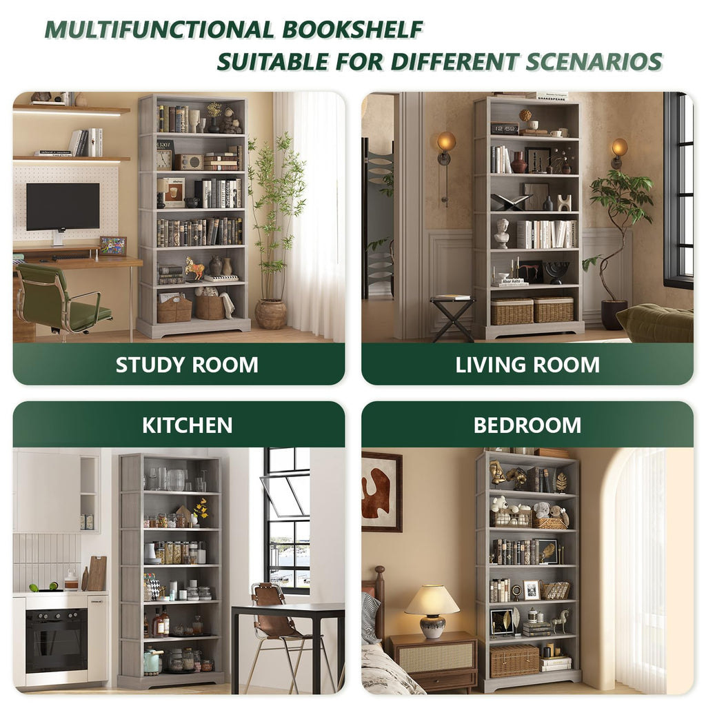 TVU 5 Tiers Wooden Bookshelf, 65.2" Tall Farmhouse Style Open Bookcase, 31.5" Wide Standing Book Shelf with Storage for Study Room, Living Room, Walnut Brown
