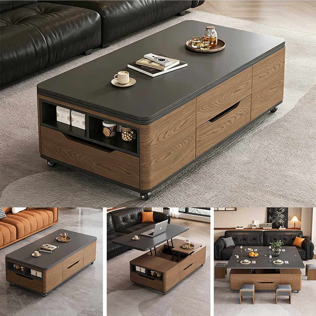 3âinâ1 LiftâTop CoffeeâTable with Storage Drawers & Rolling Casters