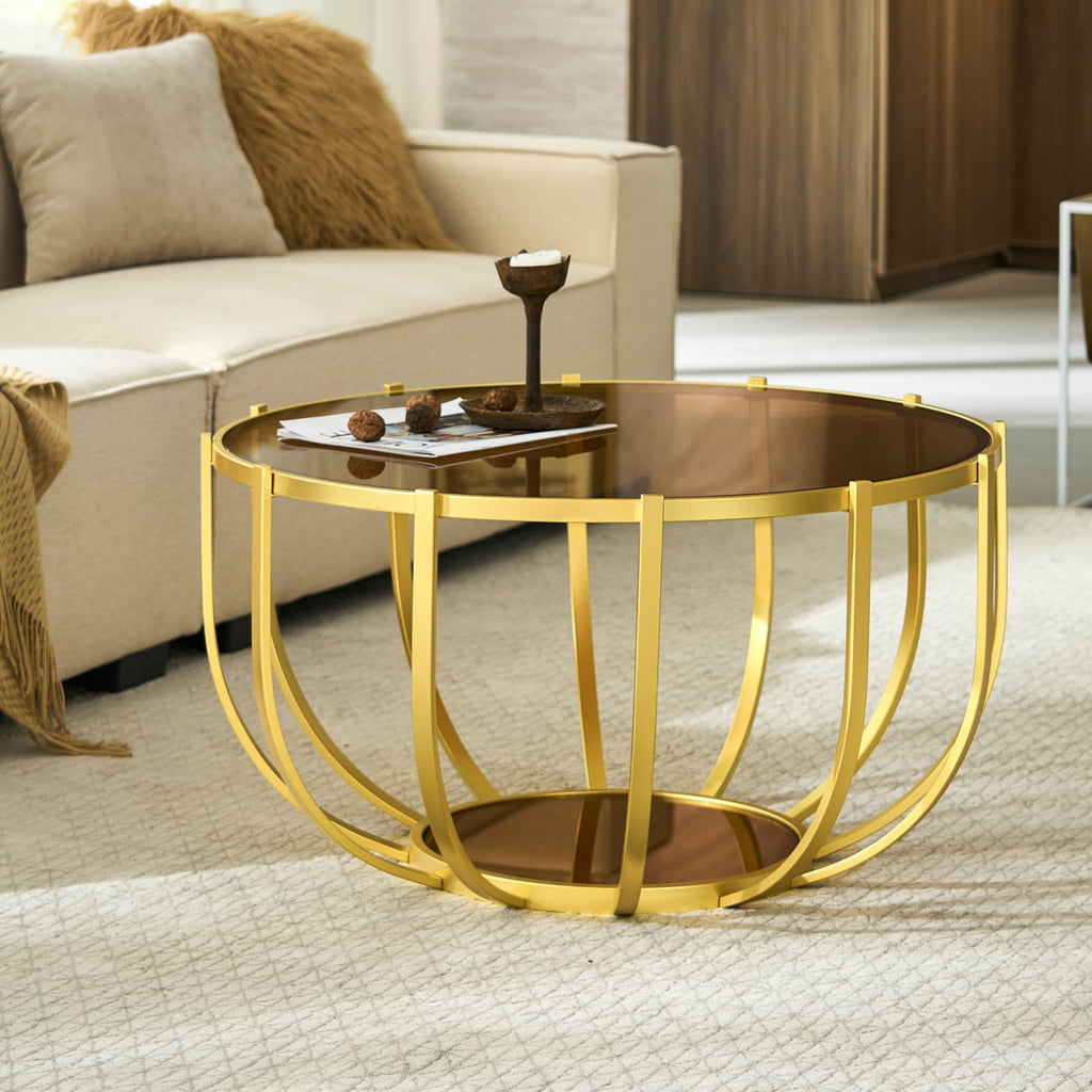 Saint Mossi Gold Round Coffee Table with Clear Glass Top and Glass Shelf