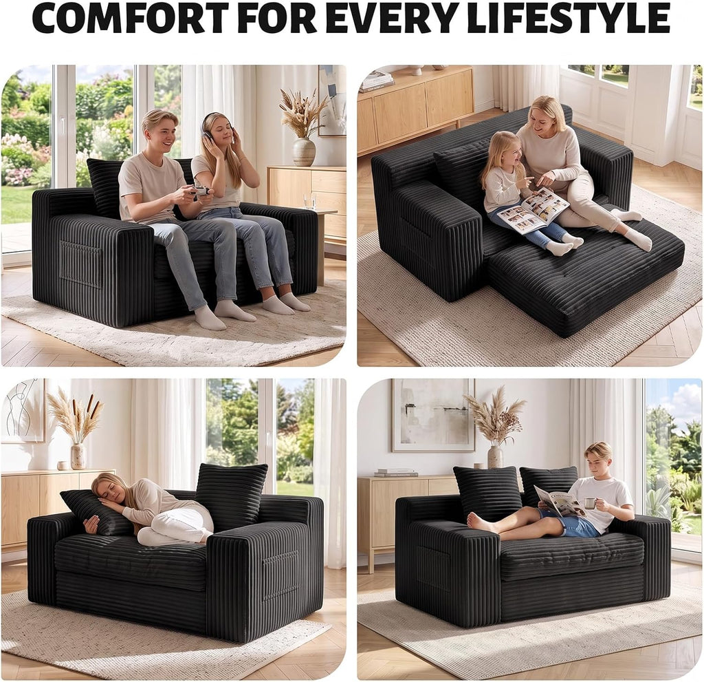 Small Boneless Couch, Boneless Loveseat Convertible Sofa Bed Sleeper Sofa Couch Bed with 2 Pillows, Corduroy Folding Floor Futon Foldable Boneless Couch for Living Room, Guest Room, Small Space, Black