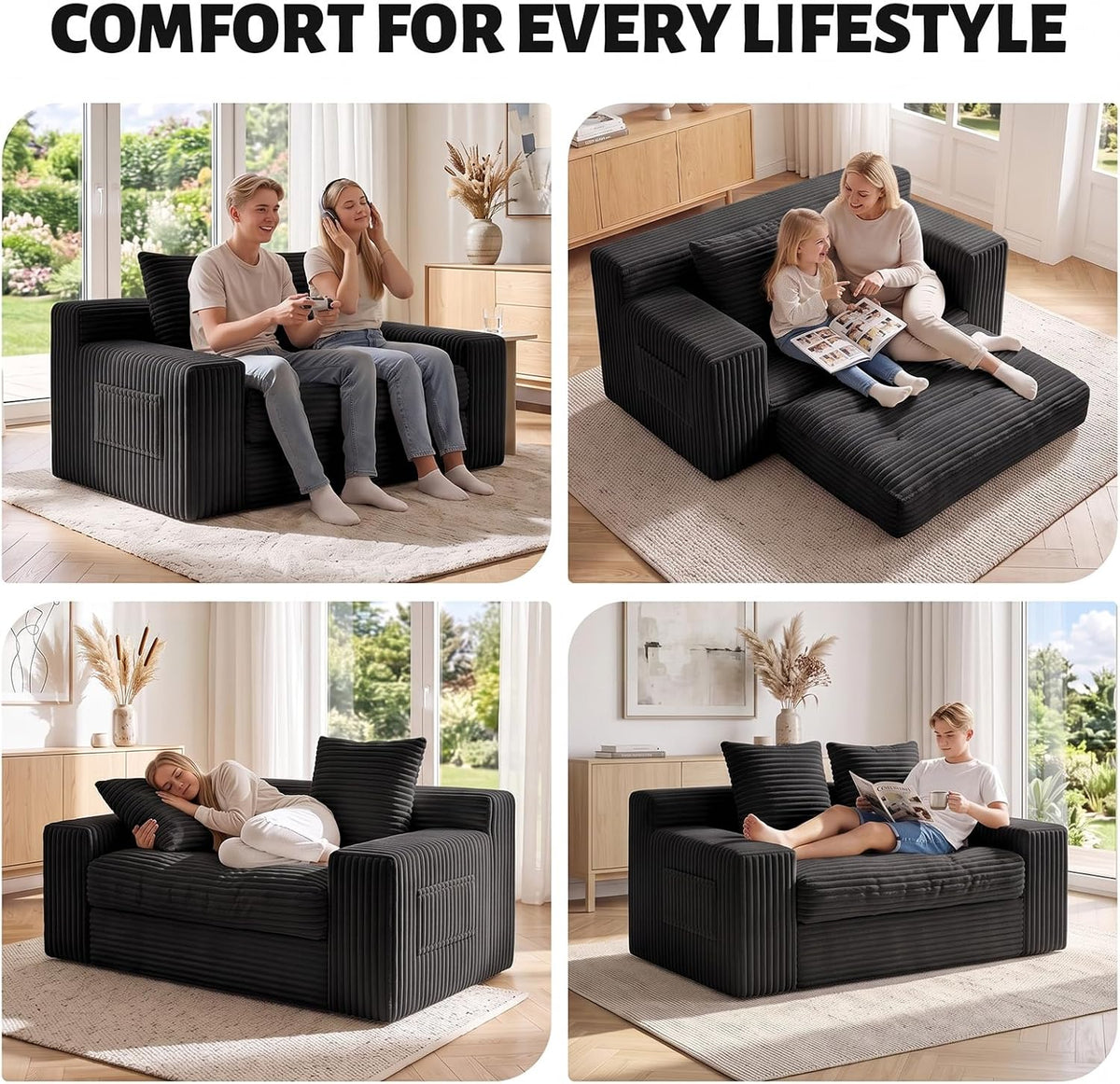 Small Boneless Couch, Boneless Loveseat Convertible Sofa Bed Sleeper Sofa Couch Bed with 2 Pillows, Corduroy Folding Floor Futon Foldable Boneless Couch for Living Room, Guest Room, Small Space, Black