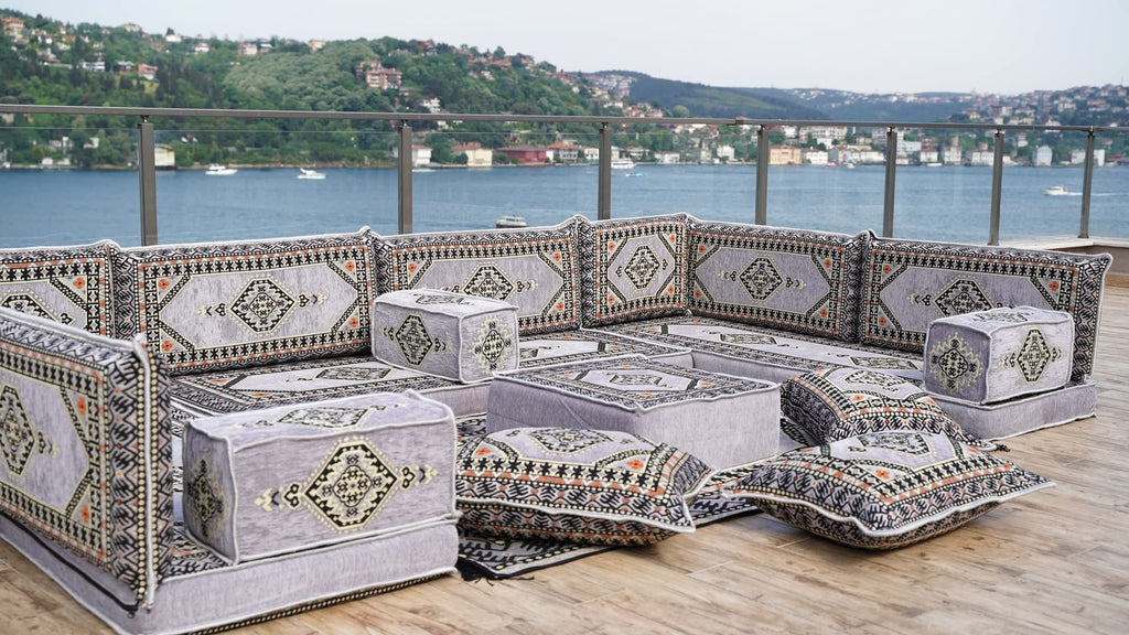 Gray L Shaped Pallet Cushions, Arabic Floor Sofa Set, Oriental Floor Seating, Sectional Floor Cushion, Indoor Floor Pillows, Arabic Majlis Set, Sofa Bed (U Sofa + Rug + Ottoman, 8'' Thickness (20 cm))