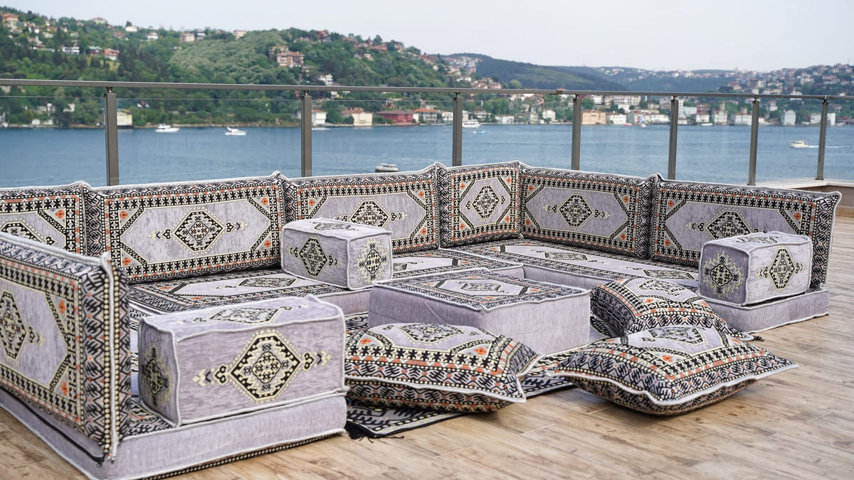 Gray L Shaped Pallet Cushions, Arabic Floor Sofa Set, Oriental Floor Seating, Sectional Floor Cushion, Indoor Floor Pillows, Arabic Majlis Set, Sofa Bed (U Sofa + Rug + Ottoman, 8'' Thickness (20 cm))
