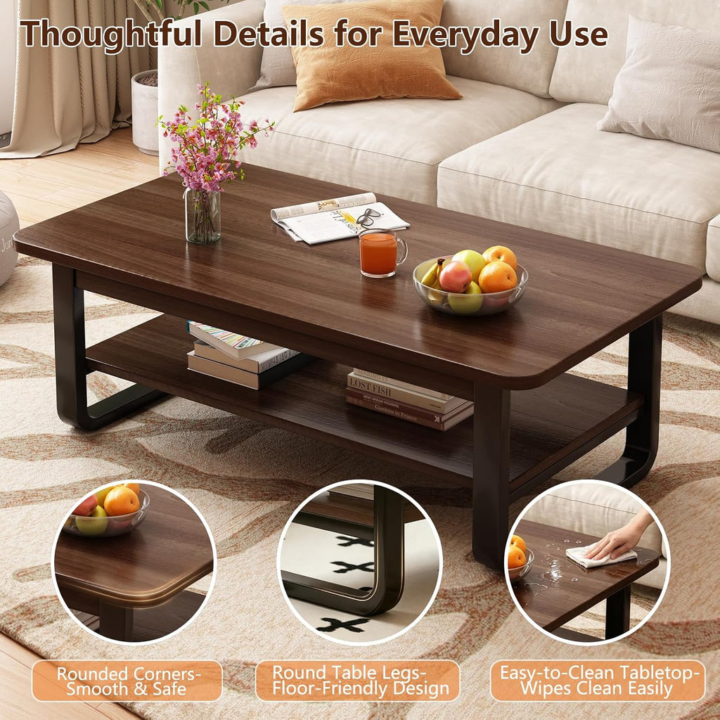 Coffee Table for Living Room with 2-Tier Storage Shelf, 39 inch Rectangular Wooden Center Table, Large Industrial Coffee Tables with Metal Leg & Rounded Corners for Home Office(Black)