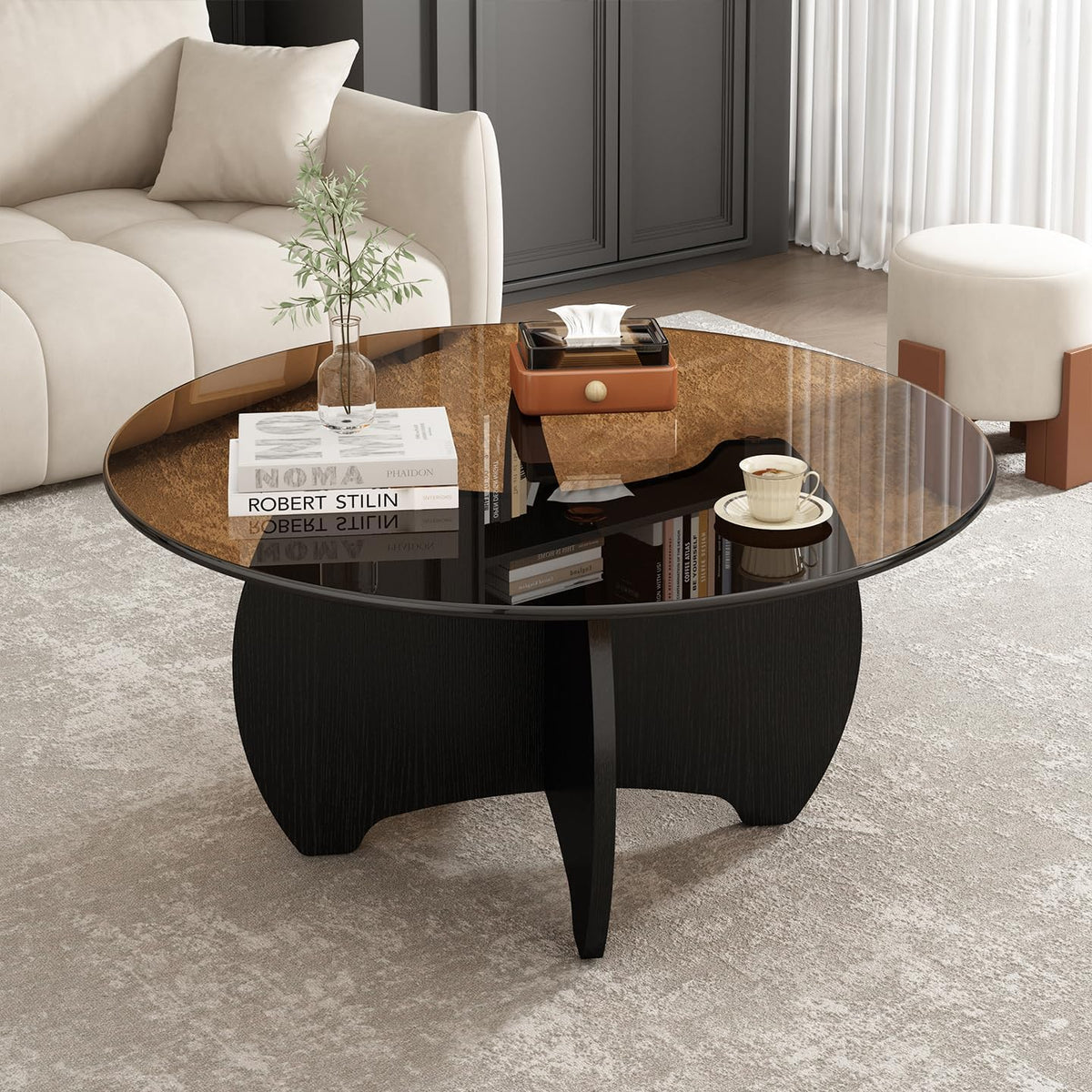 31.5'' Round Coffee Table with Tempered Glass Top, Modern Center Table for Small Spaces - Sturdy Black Board Frame, Simple Design for Living Room, Home, Office - Easy Assembly.