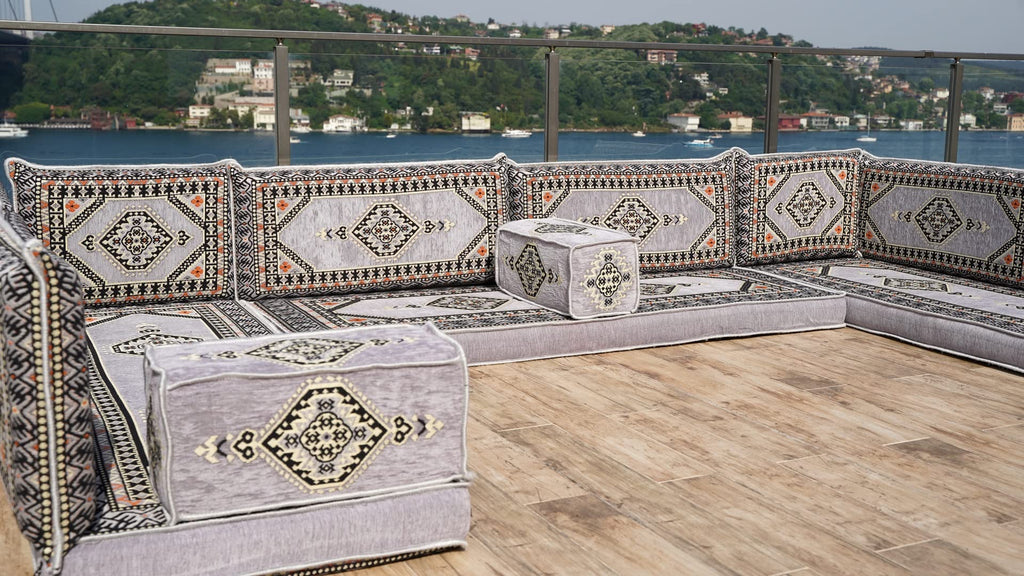 Gray L Shaped Pallet Cushions, Arabic Floor Sofa Set, Oriental Floor Seating, Sectional Floor Cushion, Indoor Floor Pillows, Arabic Majlis Set, Sofa Bed (U Sofa + Rug + Ottoman, 8'' Thickness (20 cm))