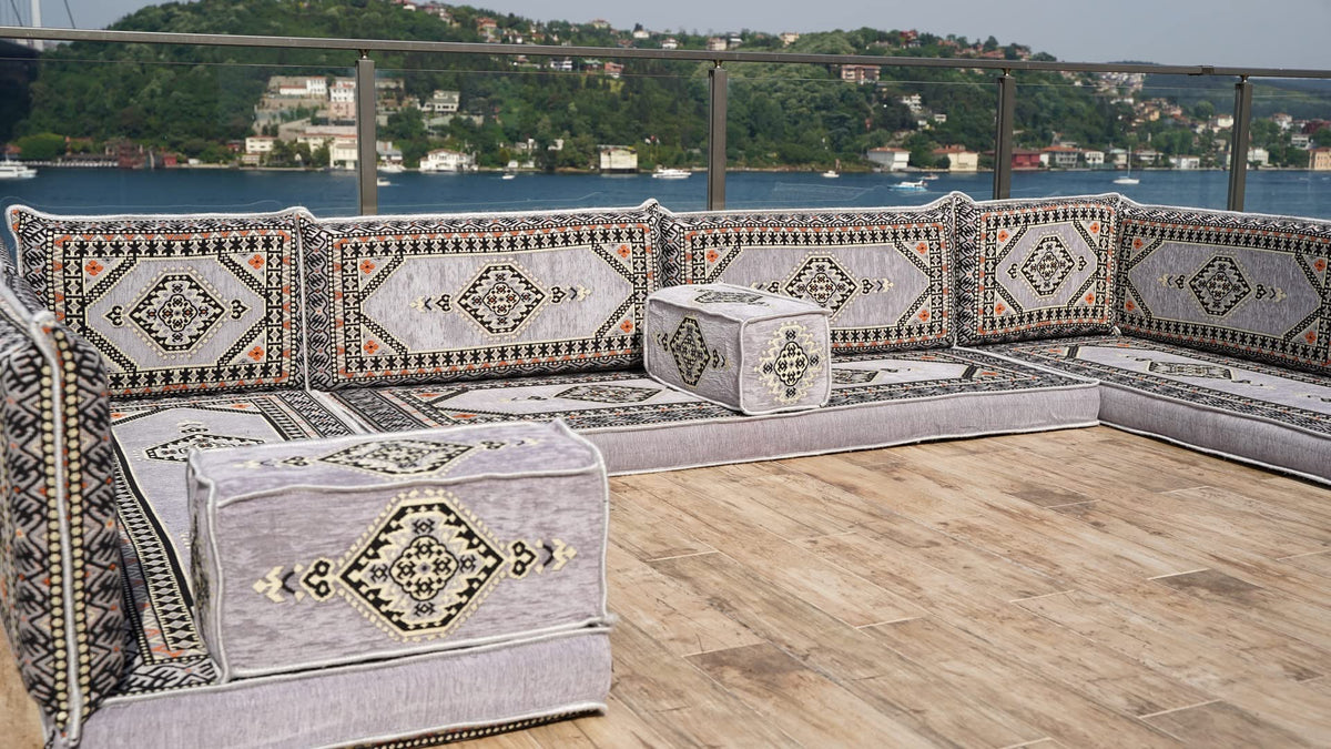 Gray L Shaped Pallet Cushions, Arabic Floor Sofa Set, Oriental Floor Seating, Sectional Floor Cushion, Indoor Floor Pillows, Arabic Majlis Set, Sofa Bed (U Sofa + Rug + Ottoman, 8'' Thickness (20 cm))