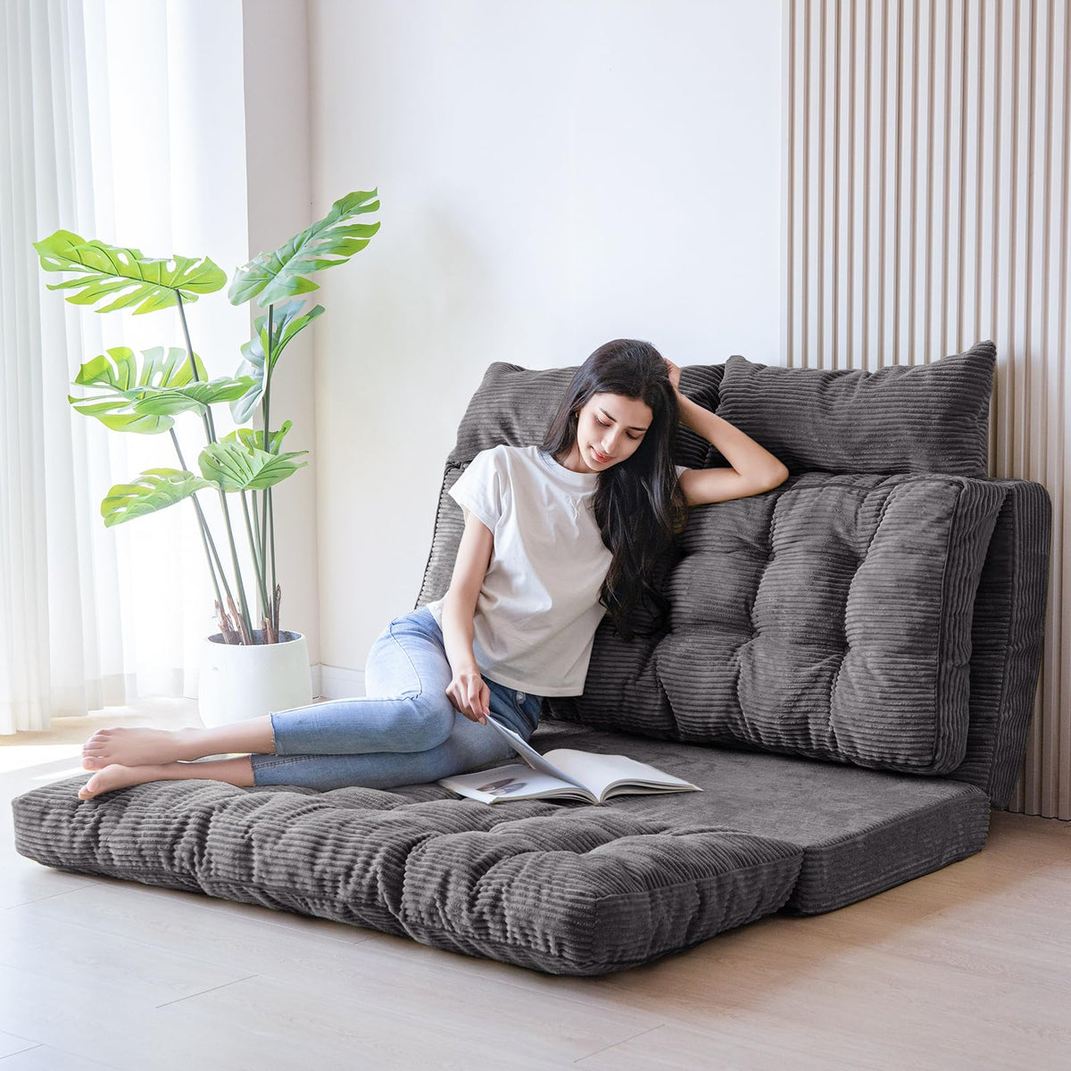 MAXYOYO Folding Sofa Bed, Extra Thick and Long Floor Sofa Convertible Chair with Washable Cover, Floor Couch Lounge Bean Bag Bed for Living Room, Dark Grey, 54x91 Inch