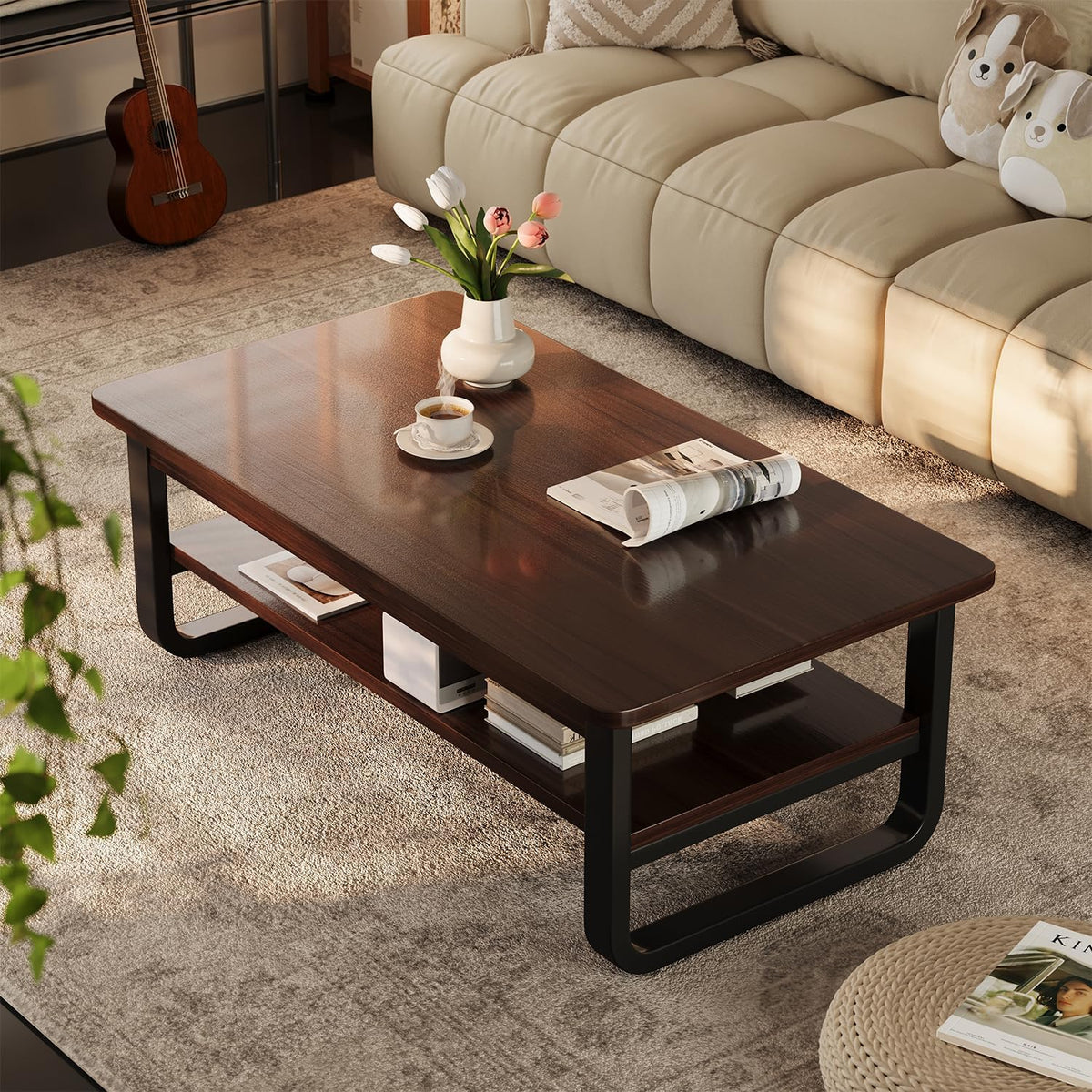 Coffee Table for Living Room with 2-Tier Storage Shelf, 39 inch Rectangular Wooden Center Table, Large Industrial Coffee Tables with Metal Leg & Rounded Corners for Home Office(Black)