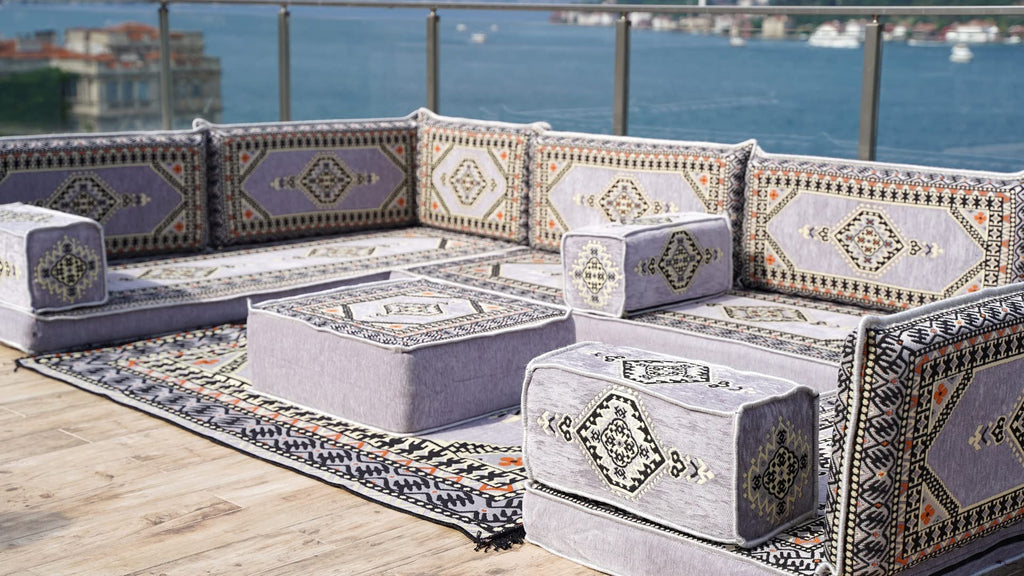 Gray L Shaped Pallet Cushions, Arabic Floor Sofa Set, Oriental Floor Seating, Sectional Floor Cushion, Indoor Floor Pillows, Arabic Majlis Set, Sofa Bed (U Sofa + Rug + Ottoman, 8'' Thickness (20 cm))
