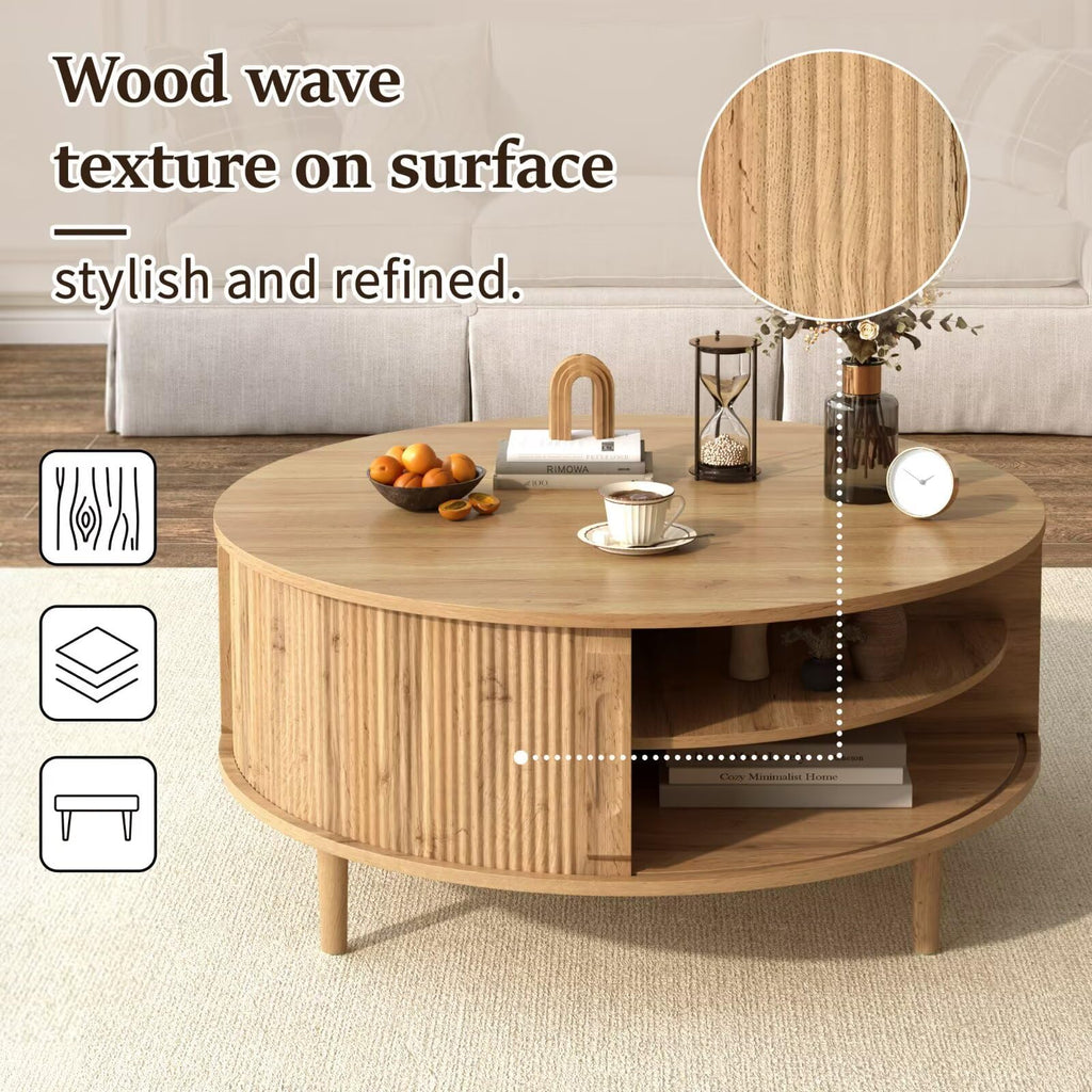 Round Lift Top Coffee Table, 39.4 Inch Minimalist Fluted Walnut Wood Cocktail Table with Hidden Divided Storage & Dual-Tier Open Side Shelves, Dark Walnut Finish Circular Living Room Center Table