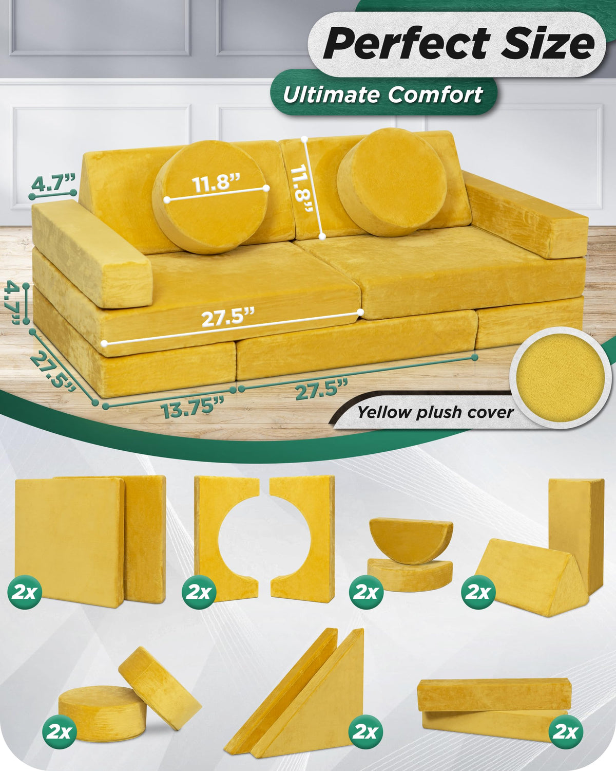 Lunix Modular Kids Play Couch, 14-Piece Fort Building & Climbing Foam Set