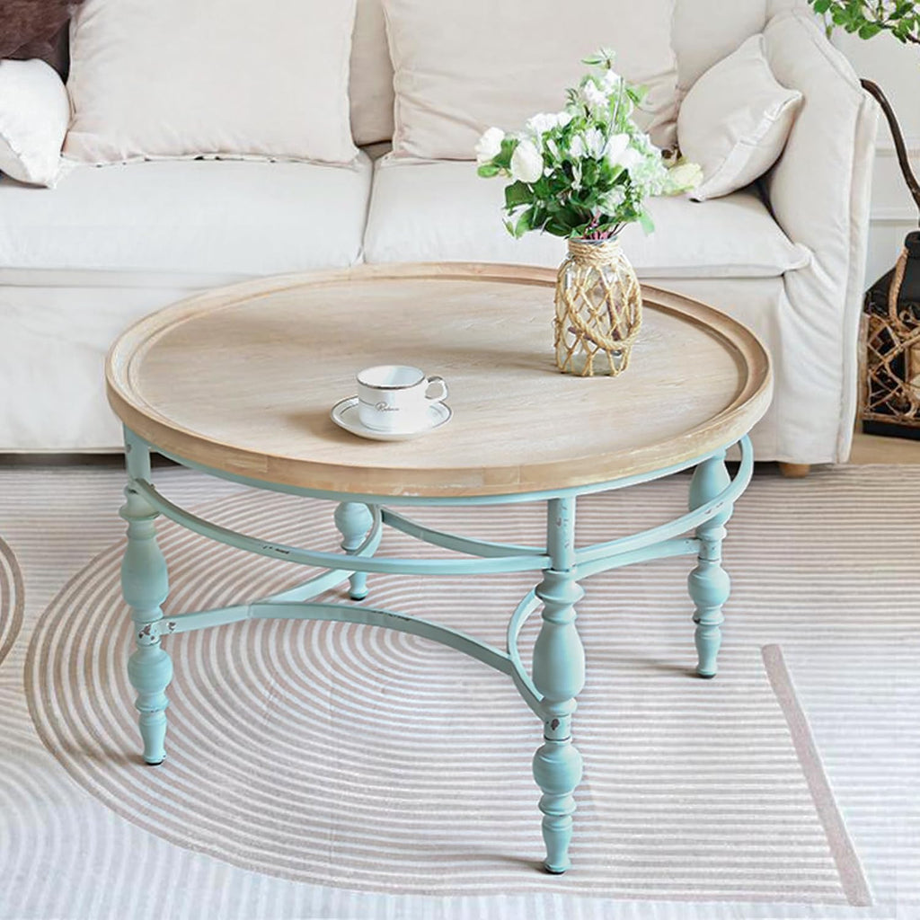 Rustic Farmhouse Round Coffee Table, French Country Vintage Center Table,Ï31.5'' x18.9''H Rustic Solid Wood with Vintage Iron Legs, for Living Room, Bedroom,Dinning Room,Nature White