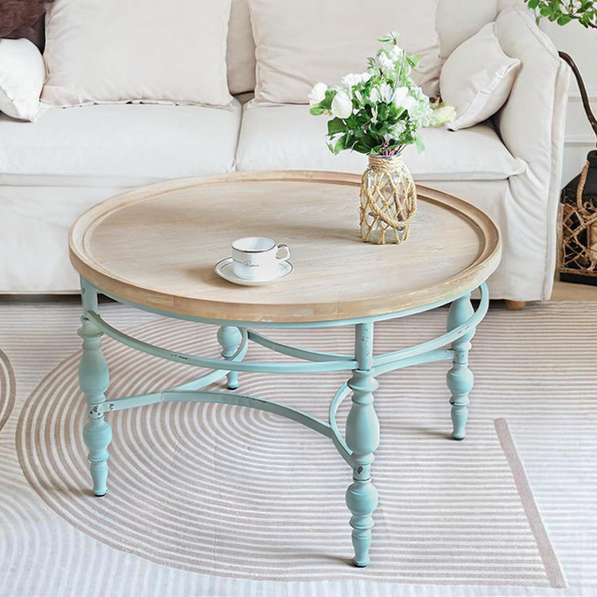 Rustic Farmhouse Round Coffee Table, French Country Vintage Center Table,Ï31.5'' x18.9''H Rustic Solid Wood with Vintage Iron Legs, for Living Room, Bedroom,Dinning Room,Nature White