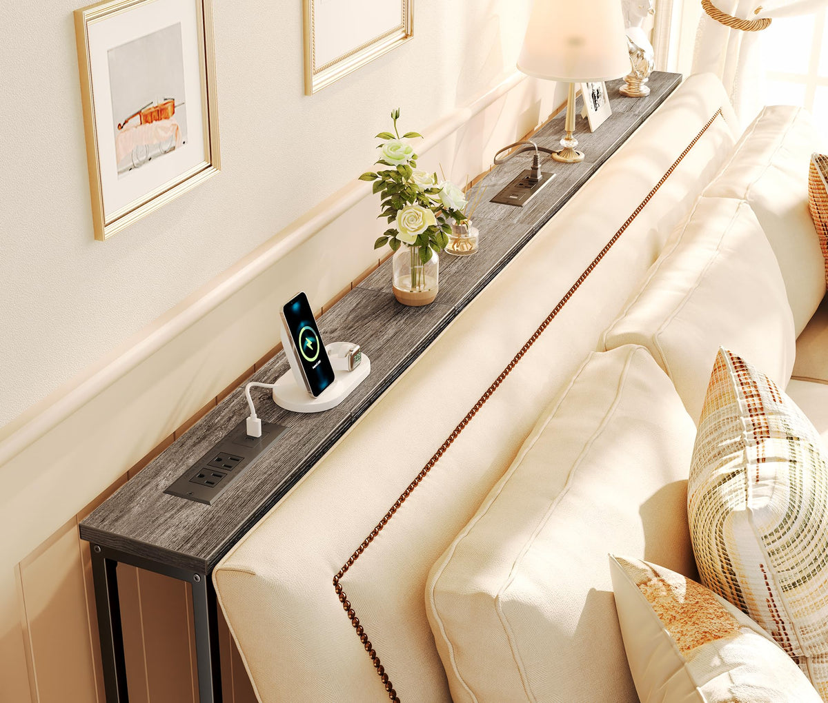 SUPERJARE 110.2 inch Narrow Behind Couch Table with Charging Stations