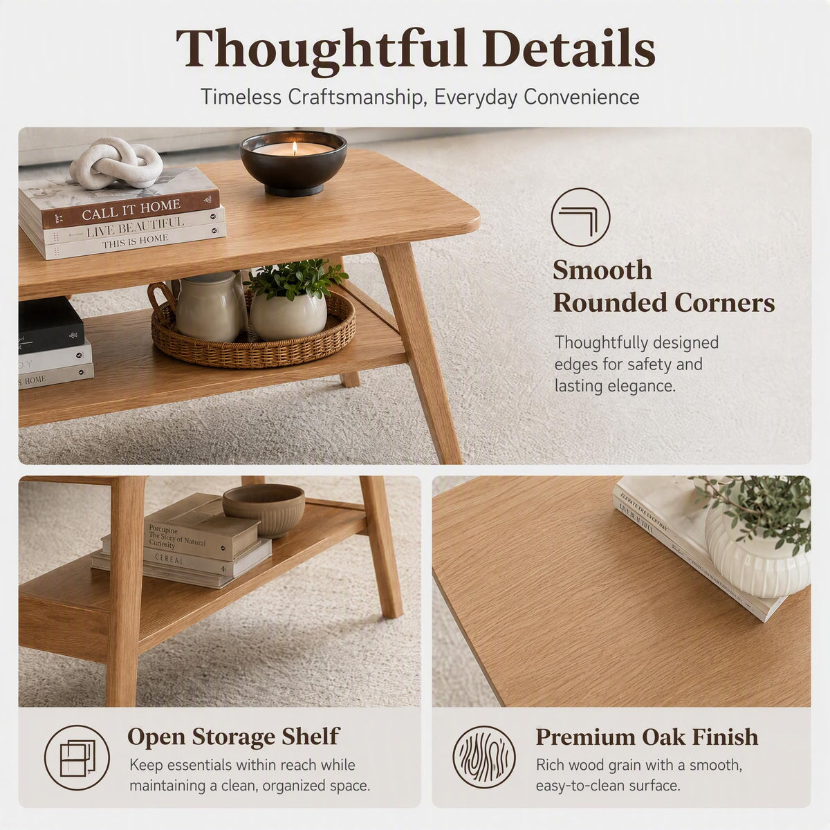 100% Solid Oak Coffee Table with Storage Shelf, 31.49" W