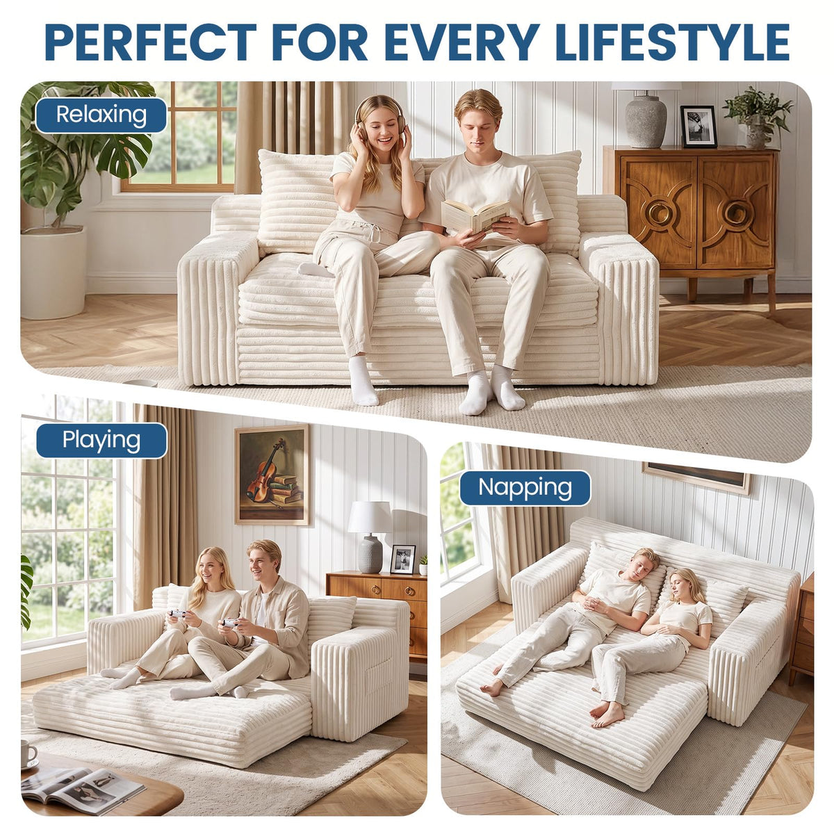 Boneless Couches for Living Room, 2 Seater Boneless Loveseat Sofa, Premium Memory Foam Couch in a Box, Cozy Bean Bag Couch, Lazy Floor Sofa & Loveseat for Bedroom Office Lounge Apartment,Beige