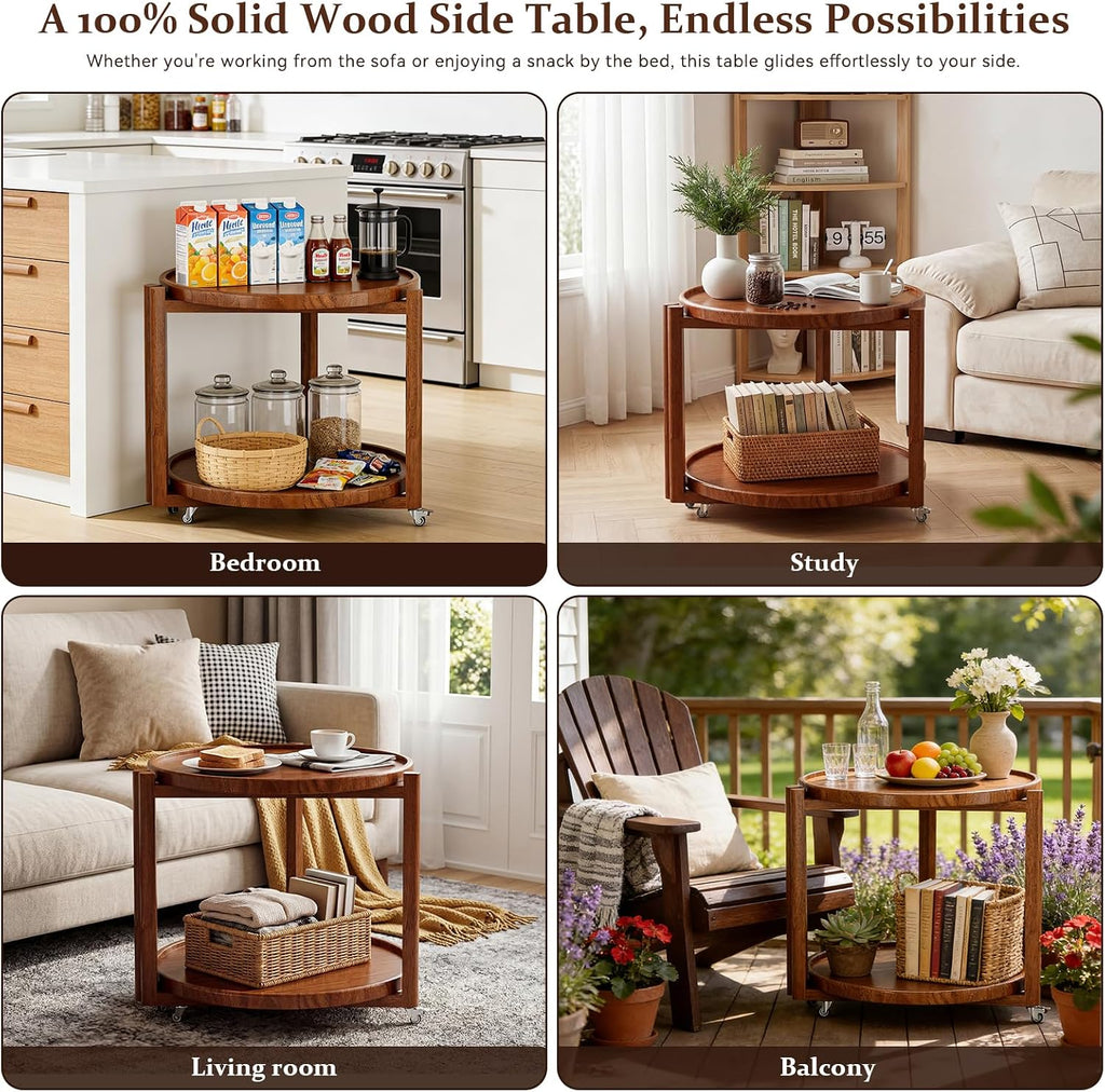 Taitiy Rolling Side Table with Wheels, Small Solid Wood Round End Table
