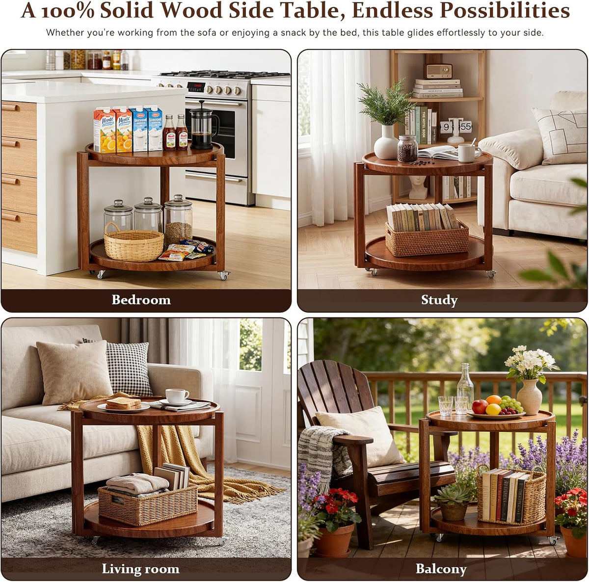 Taitiy Rolling Side Table with Wheels, Small Solid Wood Round End Table