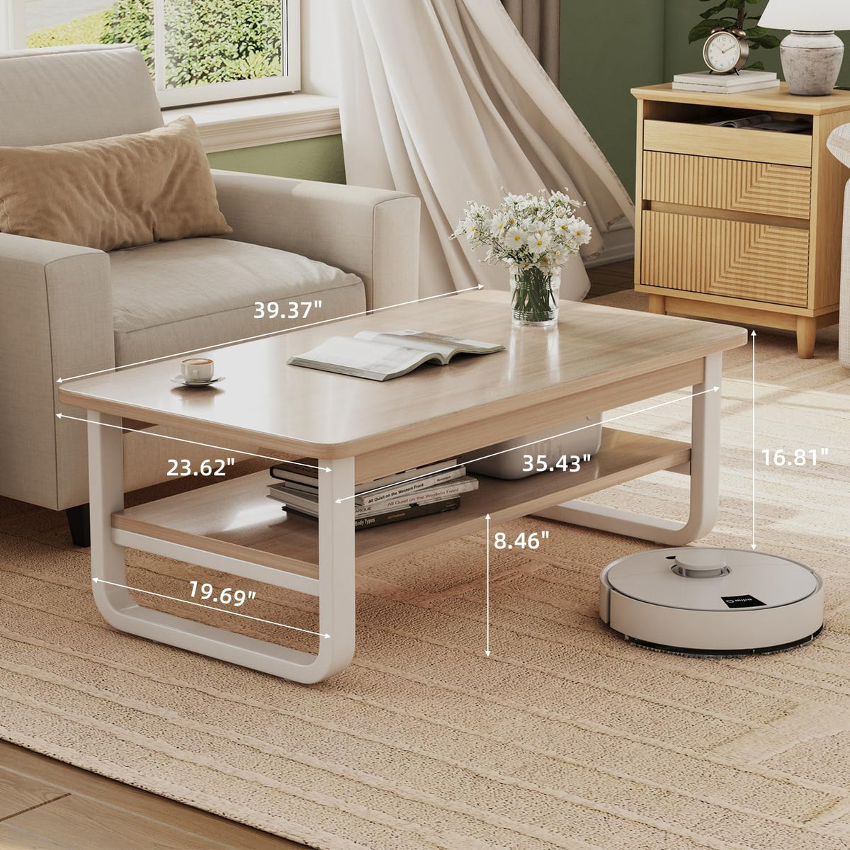 Coffee Table for Living Room with 2-Tier Storage Shelf, 39 inch Rectangular Wooden Center Table, Large Industrial Coffee Tables with Metal Leg & Rounded Corners for Home Office(Black)