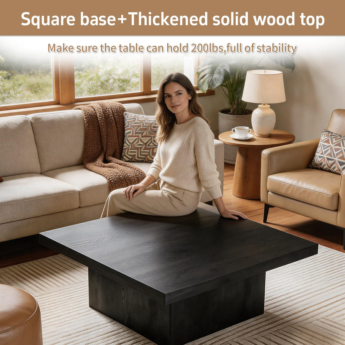 Square Coffee Table,Wooden Living Room Table,Center Table with a Large Tabletop,35.4" x 35.4",for Small Spaces, Apartments, Living Rooms, Vintage Brown