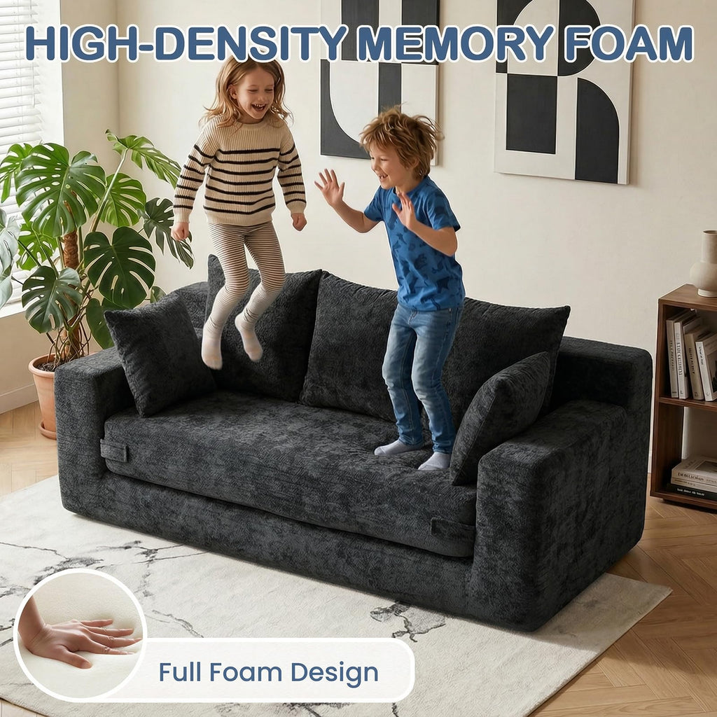 55" Small Boneless Couch, 3-in-1 Boneless Loveseat Sleeper Sofa Bed Convertible Sofa Bed with 4 Pillows, Black Corduroy Boneless Couch for Living Room, Guest Room, Small Space, No Assembly Required