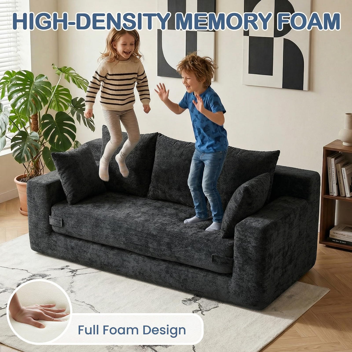 55" Small Boneless Couch, 3-in-1 Boneless Loveseat Sleeper Sofa Bed Convertible Sofa Bed with 4 Pillows, Black Corduroy Boneless Couch for Living Room, Guest Room, Small Space, No Assembly Required