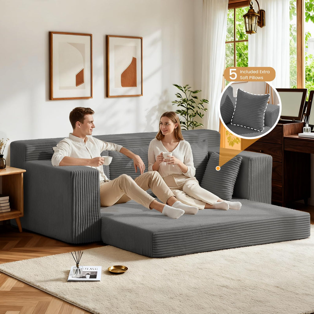 55" Small Boneless Couch, 3-in-1 Boneless Loveseat Sleeper Sofa Bed Convertible Sofa Bed with 4 Pillows, Black Corduroy Boneless Couch for Living Room, Guest Room, Small Space, No Assembly Required