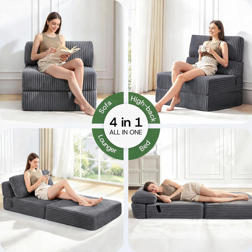 Folding Sofa Bed Convertible 4 in 1 Sleeper Chair Black Single