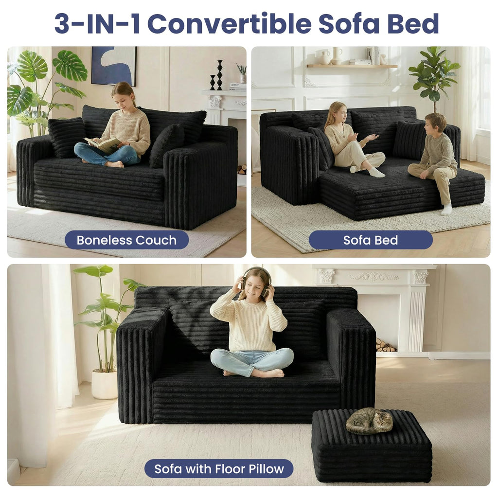 3-in-1 Convertible Sofa Bed: Boneless Loveseat Sleeper & Folding Couch Bed with 4 Pillows & Detachable Cushion, Furry Futon Couch for Bedroom, Apartment, Office and Living Room, No Assembly, Orange