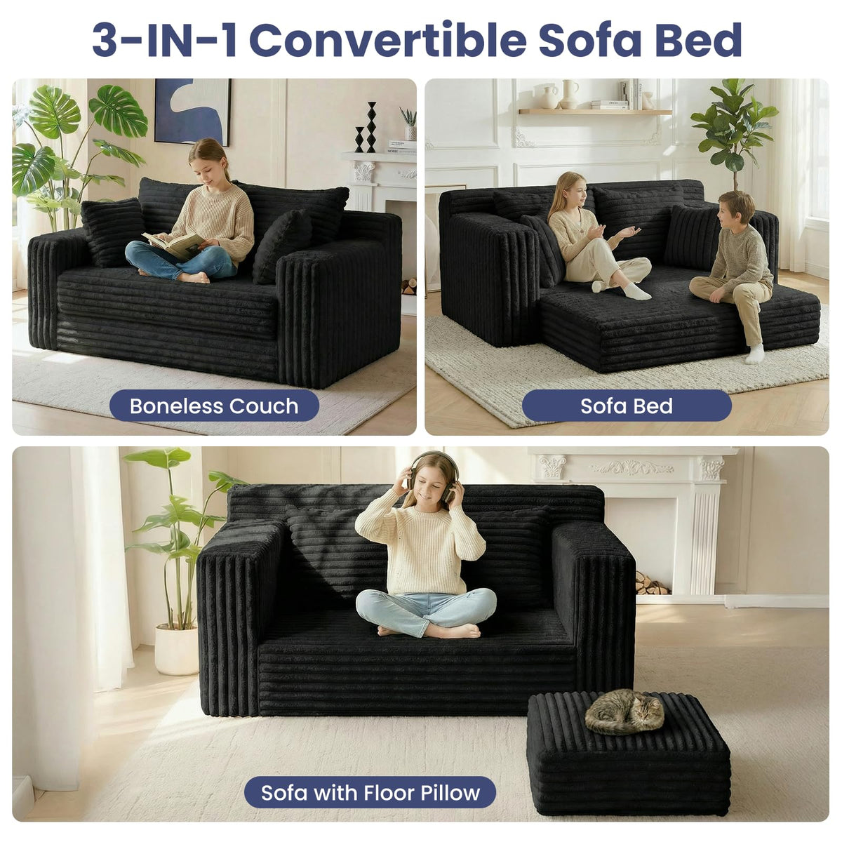 3-in-1 Convertible Sofa Bed: Boneless Loveseat Sleeper & Folding Couch Bed with 4 Pillows & Detachable Cushion, Furry Futon Couch for Bedroom, Apartment, Office and Living Room, No Assembly, Orange