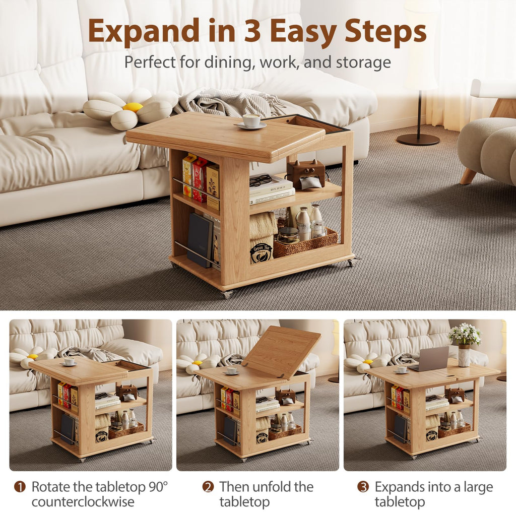 Expandable Coffee Table with Hidden Storage and Adjustable Shelves Walnut