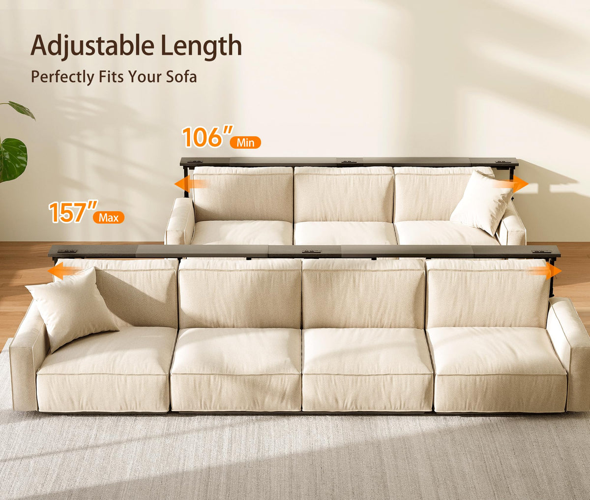 106"-157" Adjustable Length Behind Couch Sofa Table with 3 Power Outlets