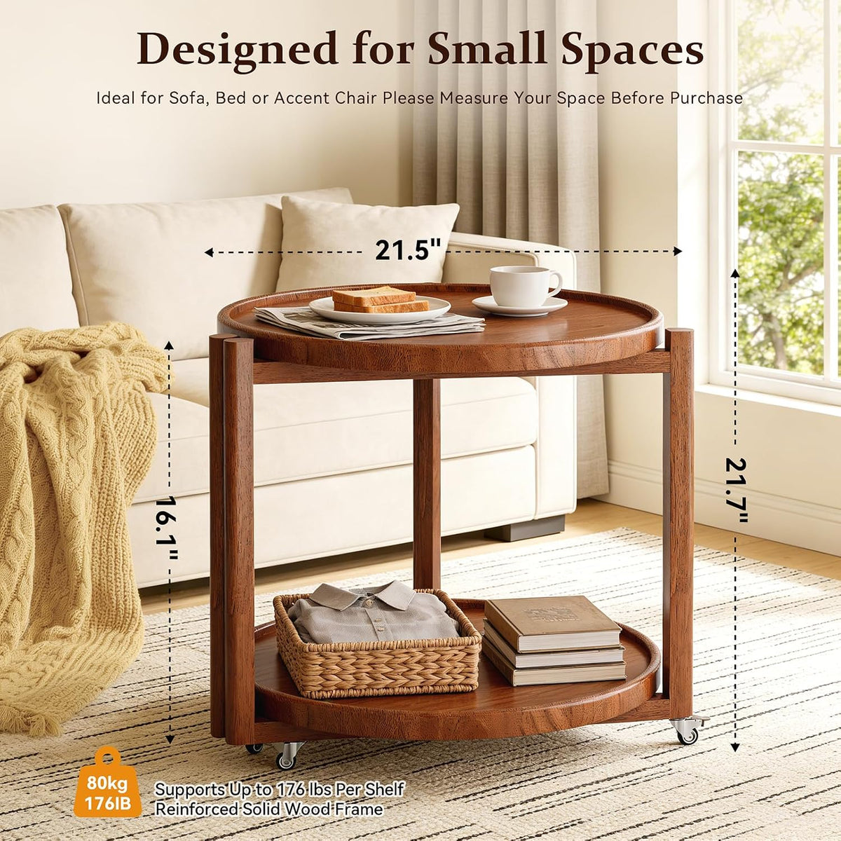Taitiy Rolling Side Table with Wheels, Small Solid Wood Round End Table