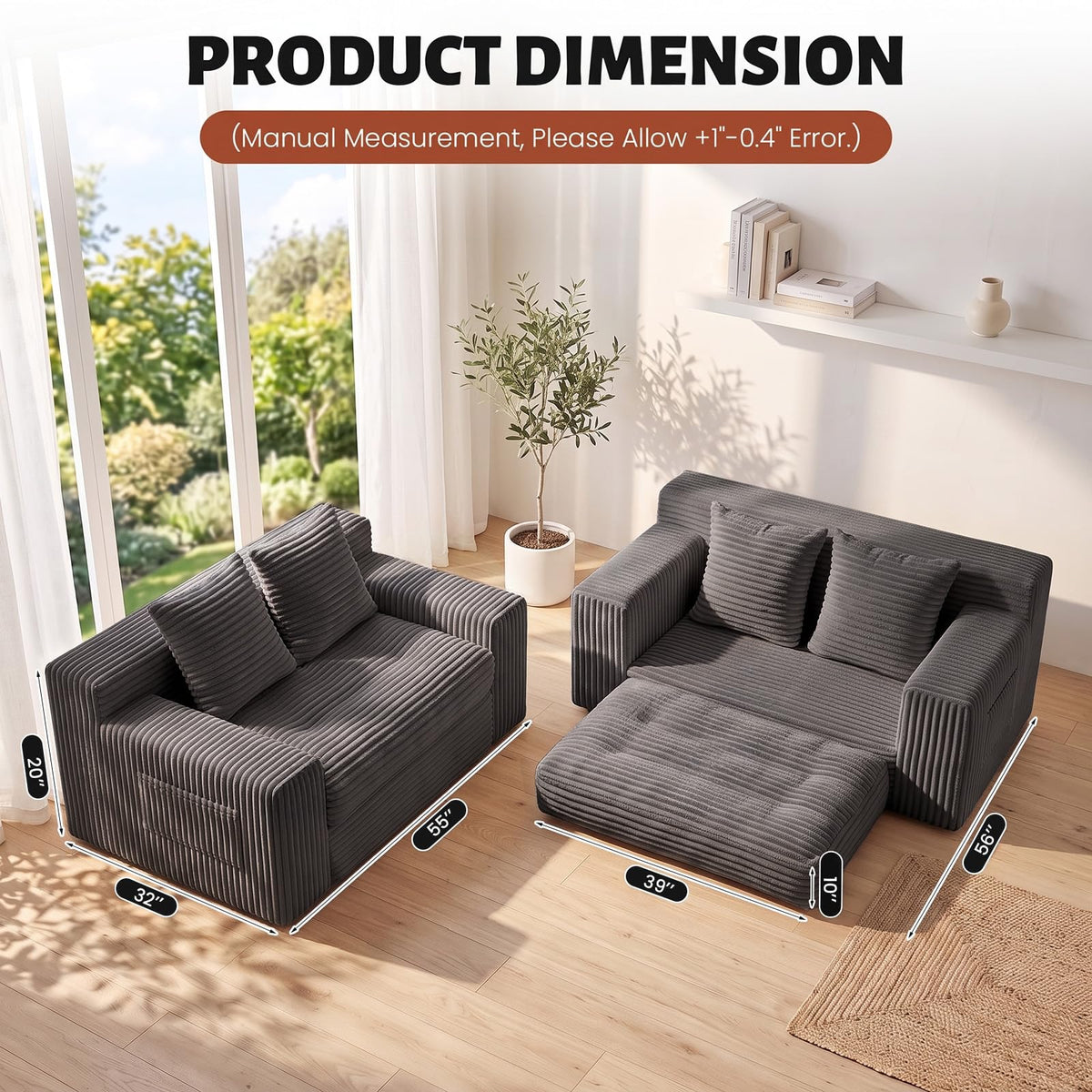 Small Boneless Couch, Boneless Loveseat Convertible Sofa Bed Sleeper Sofa Couch Bed with 2 Pillows, Corduroy Folding Floor Futon Foldable Boneless Couch for Living Room, Guest Room, Small Space, Black