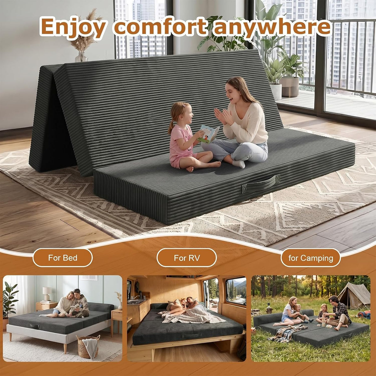 JUIKURY 6 Inch Tri-Fold Memory Foam Mattress Queen Size, 5 in 1 Convertible Sofa Bed, Foldable Floor Futon Sleeper Couch with Washable Cover & High-Density Foam, Portable Guest Bed for Living Room
