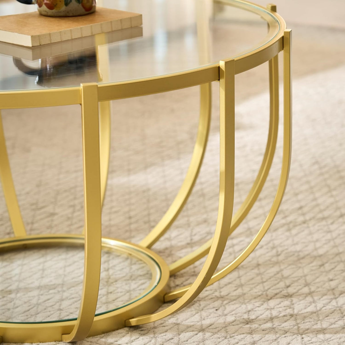 Saint Mossi Gold Round Coffee Table with Clear Glass Top and Glass Shelf