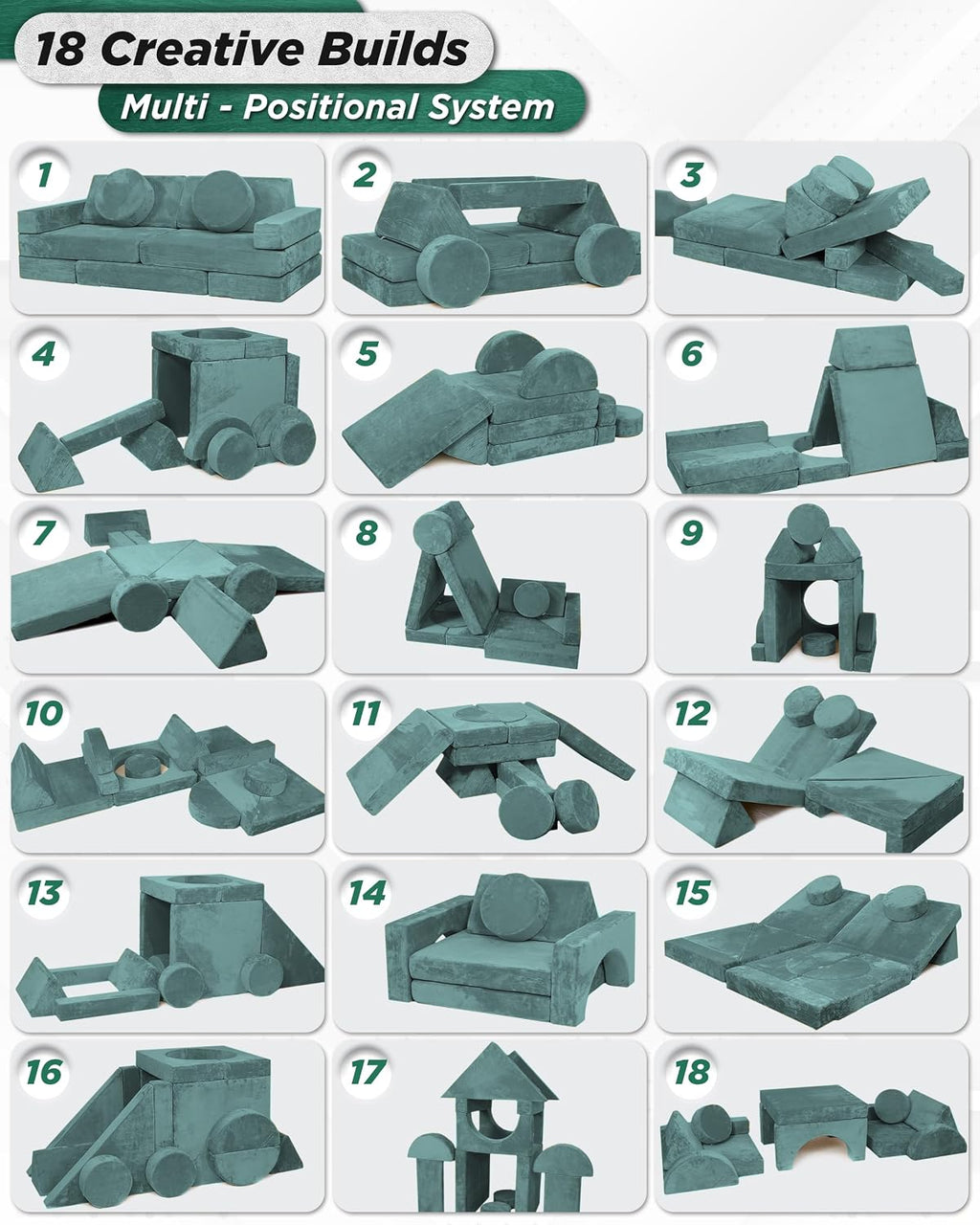 Lunix Modular Kids Play Couch, 14-Piece Fort Building & Climbing Foam Set