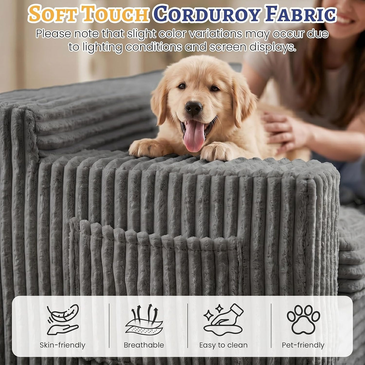Boneless Couch, Cloud Loveseat Sofa Corduroy Couch in a Box, Upholstered Boneless 3 Seater Couch for Living Room Bedroom Office Apartment