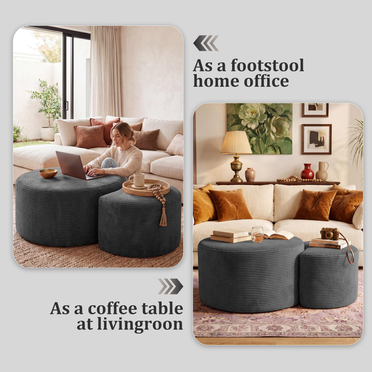 BSHOMGI Nesting Coffee Table Set of 2,Corduroy Ottoman Soft Foot Rest Movable LargePouf Footstool for Living Room Sofa Couch Bedroom Entryway and Small Spaces No Assembly (Blue, 32"+17")