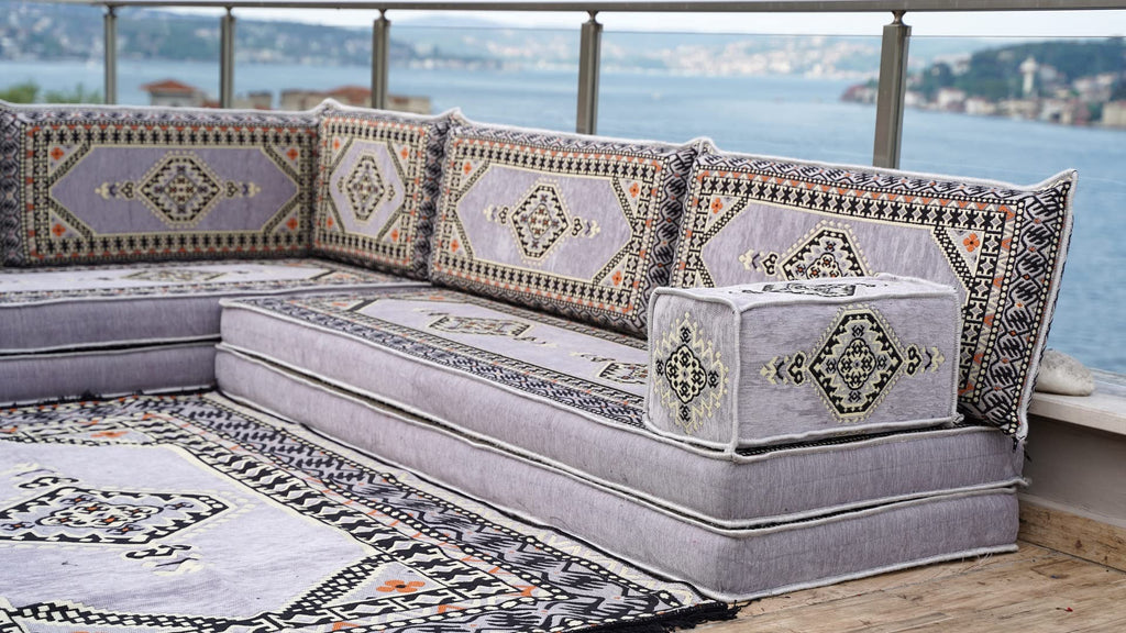 Gray L Shaped Pallet Cushions, Arabic Floor Sofa Set, Oriental Floor Seating, Sectional Floor Cushion, Indoor Floor Pillows, Arabic Majlis Set, Sofa Bed (U Sofa + Rug + Ottoman, 8'' Thickness (20 cm))