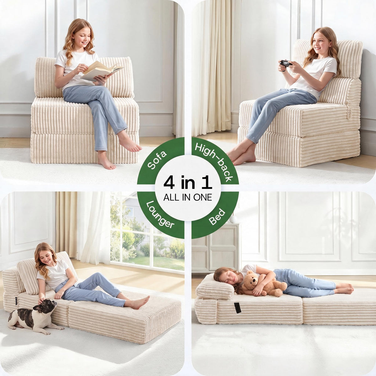 Folding Sofa Bed Convertible 4 in 1 Sleeper Chair Black Single
