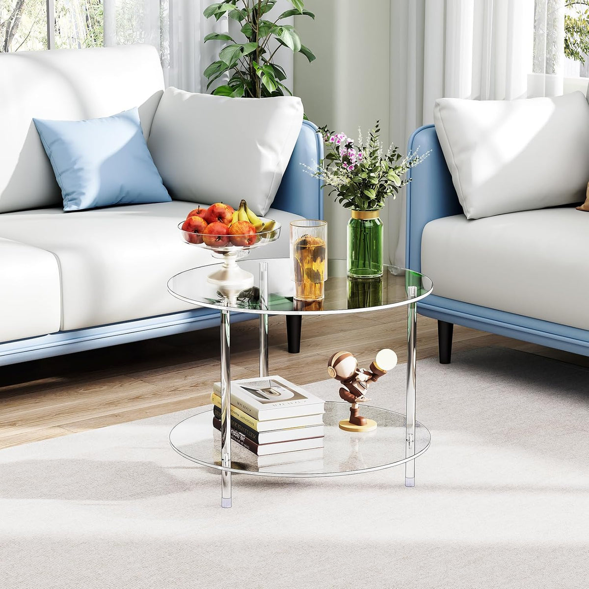 Clear Round Acrylic Coffee Table with Storage, 23.6" L x 23.6" W x 18.4" H, 2 Tier Modern Lucite Center Side End Tables for Living Room, Thicken Sturdy Transparent Circle Accent Tea Table 0041