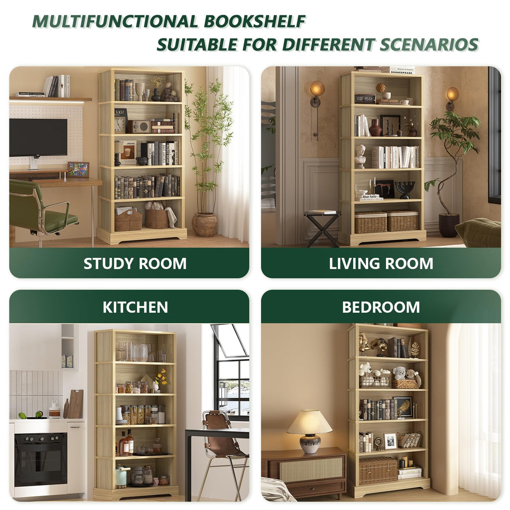 TVU 5 Tiers Wooden Bookshelf, 65.2" Tall Farmhouse Style Open Bookcase, 31.5" Wide Standing Book Shelf with Storage for Study Room, Living Room, Walnut Brown