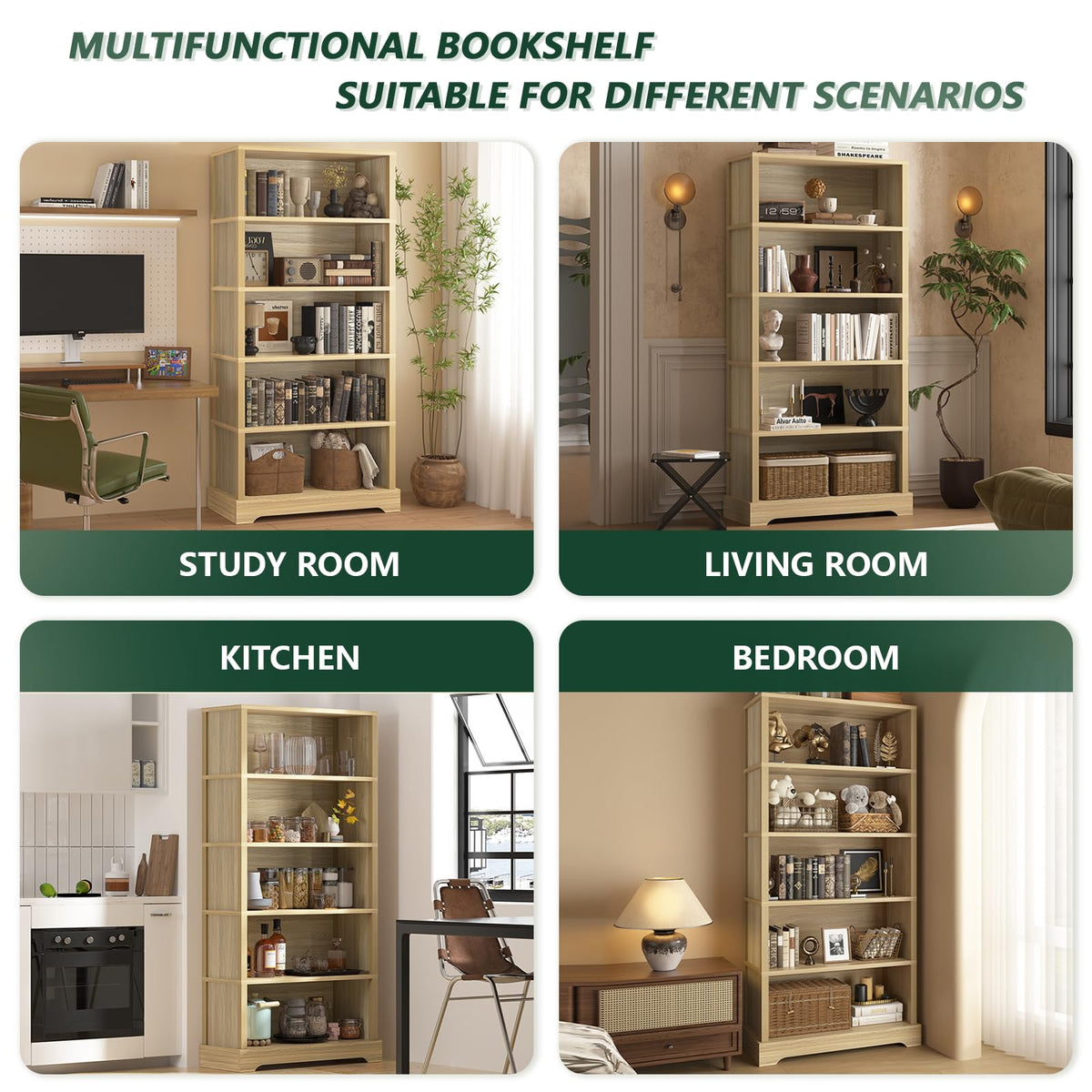 TVU 5 Tiers Wooden Bookshelf, 65.2" Tall Farmhouse Style Open Bookcase, 31.5" Wide Standing Book Shelf with Storage for Study Room, Living Room, Walnut Brown