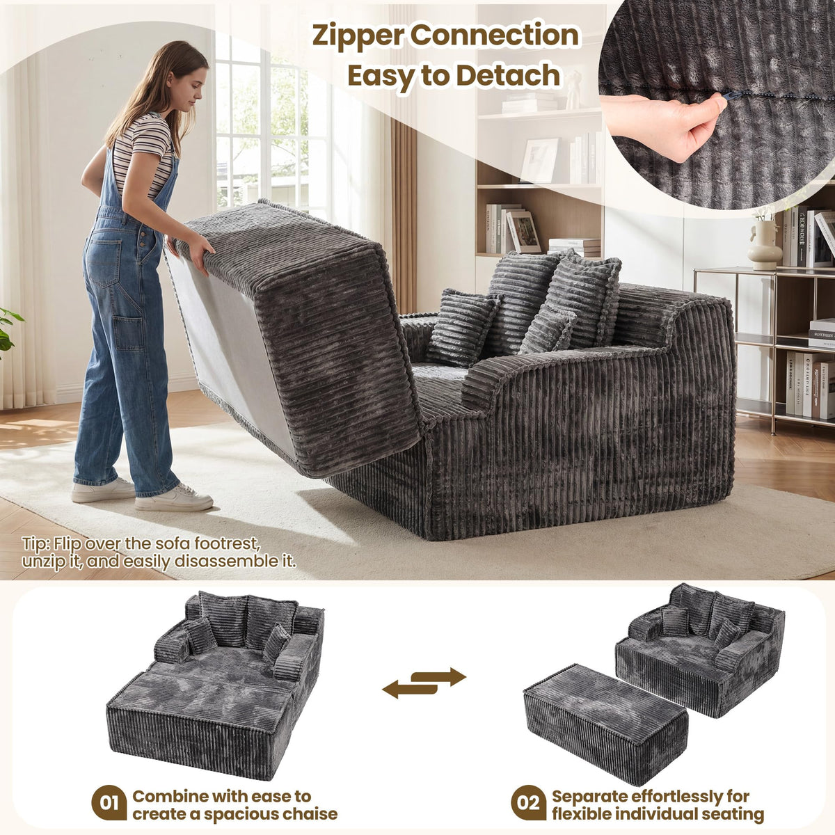 Chaise Lounge Chair Indoor,Boneless Chair with Ottoman,Comfy Reading Chair for Adults,Small Sofa Bed Couch for Living Room,Single Sleeper Chair Bed,Beige